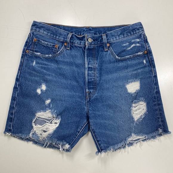 Levi's 501 High Rise Distressed Blue Jean Cutoff Denim Shorts Waist 31 Raw Hem - Picture 12 of 12